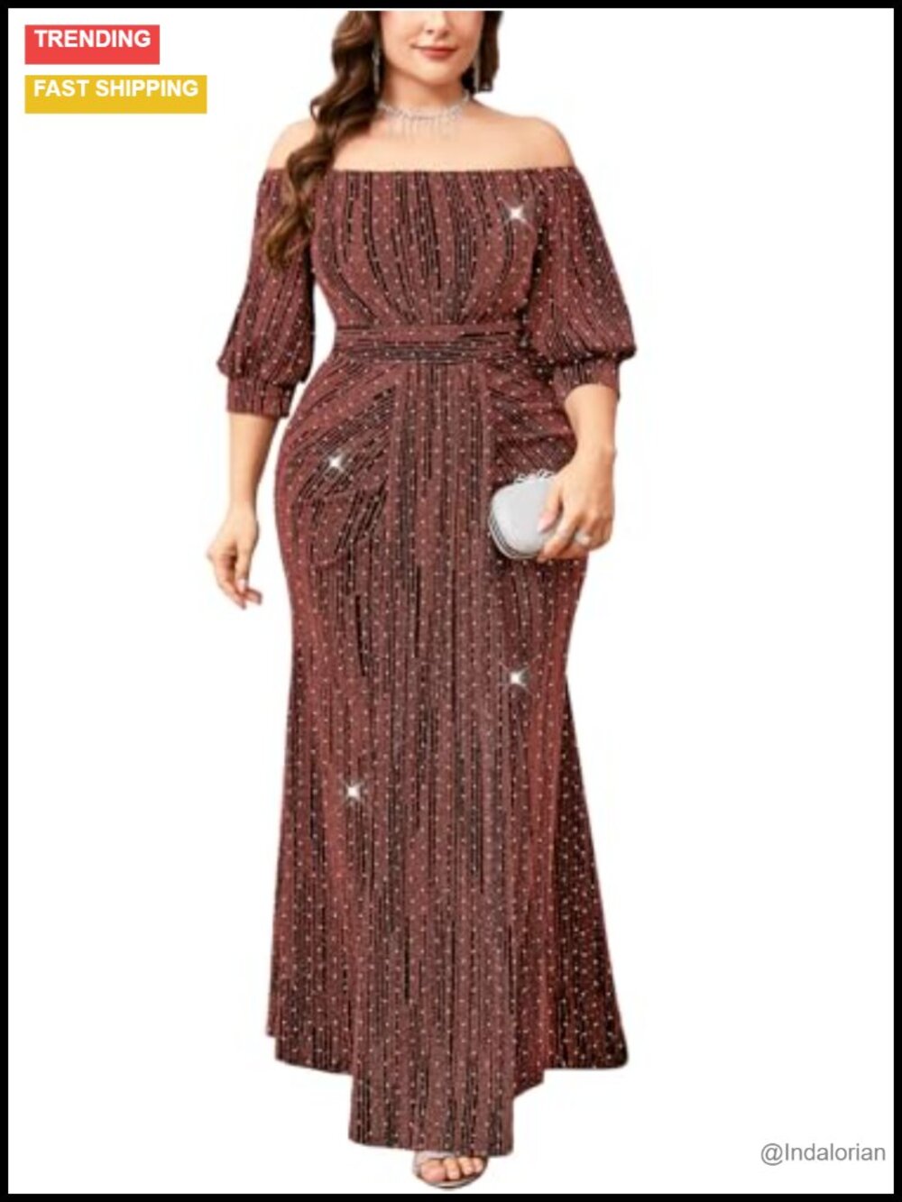 Plus Size Sparkly Mermaid Maxi Dress Off Shoulder Puff Sleeve Formal Evening